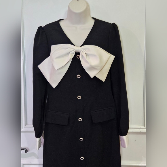 Magic Boutique Black/Cream Front Button Dress w/Trim Bow at Chest,Medium,NWT - Picture 6 of 16